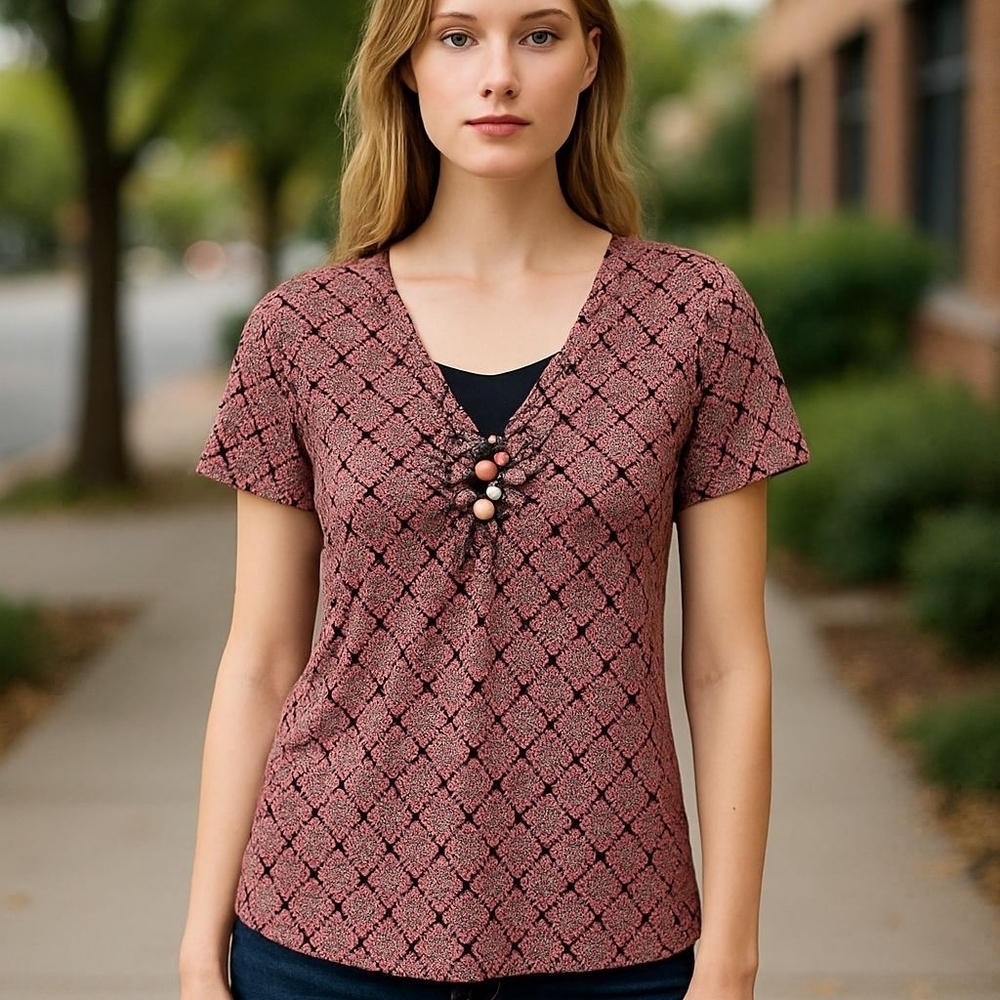 Tradition Overblouse In Pretty Burnt Orange & Black Pattern SS Airy Light In Med